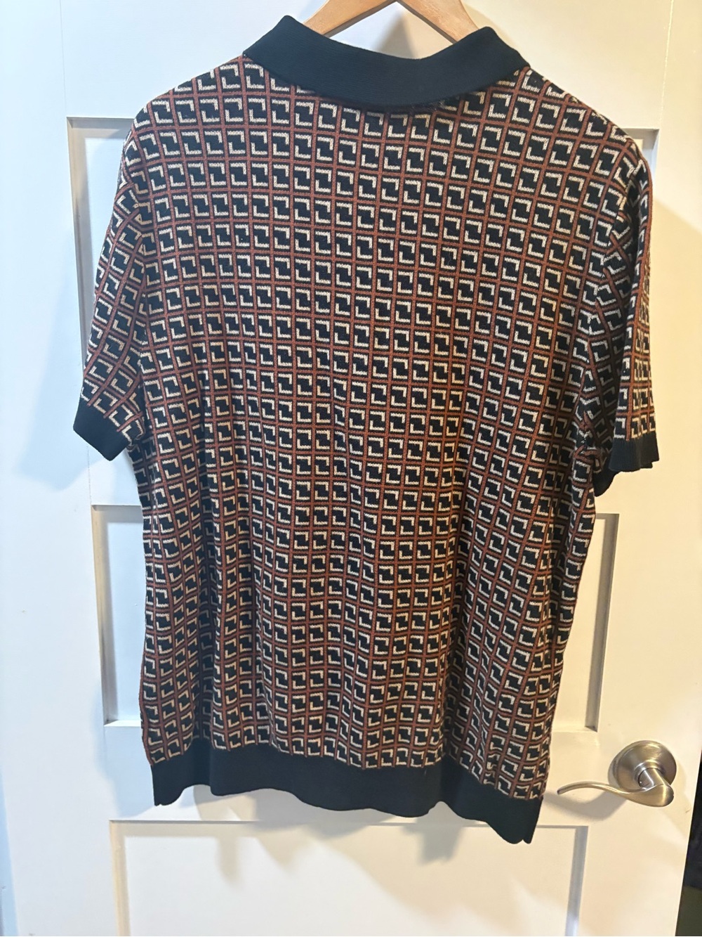 Express Men’s XL Geometric 100% Cotton Knit Polo Shirt Retro Brown Black - Picture 3 of 5